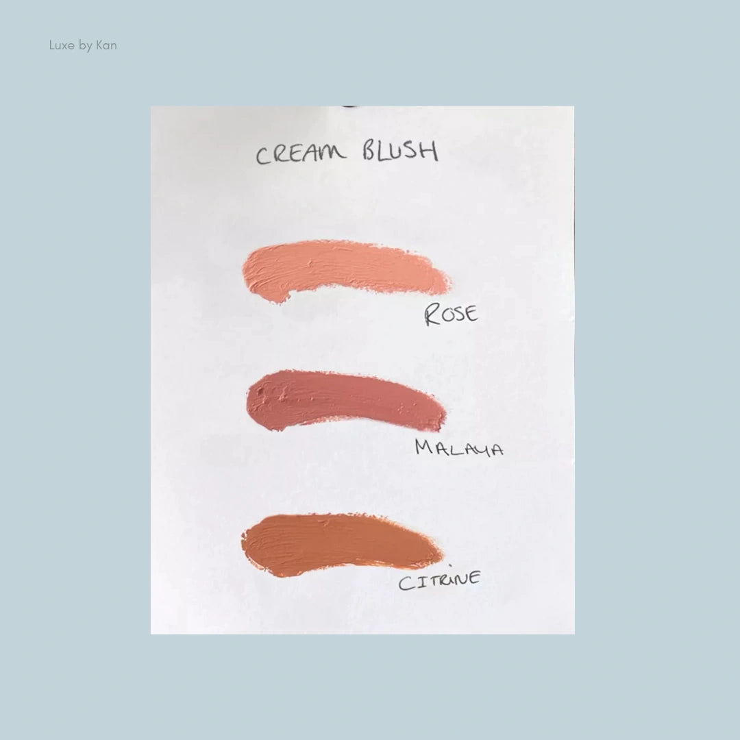 Refy cream blush swatches in Rose, Malaya, and Citrine on white paper.