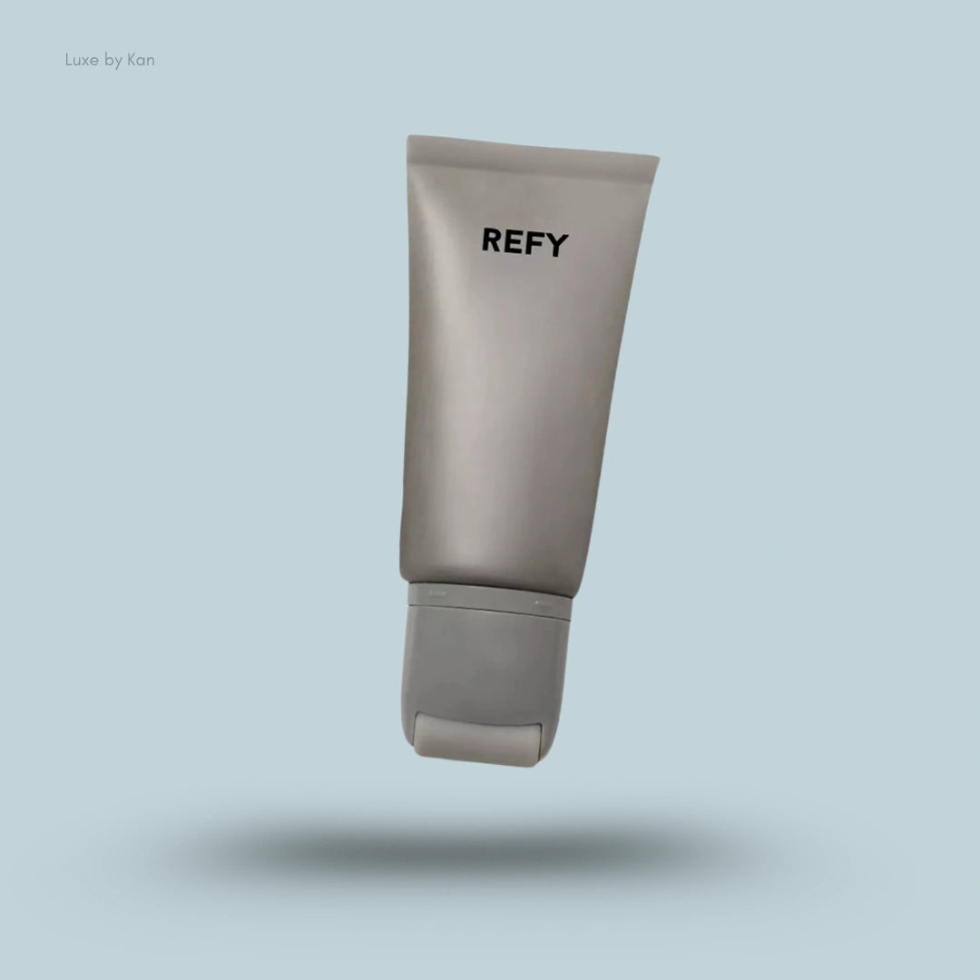 Refy face primer in a silver tube with an applicator at the end that has a rollerball.