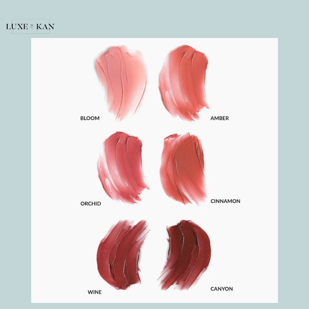 Six swatches of Refy lip blush in various shades: Bloom, Amber, Orchid, Cinnamon, Wine, and Canyon.