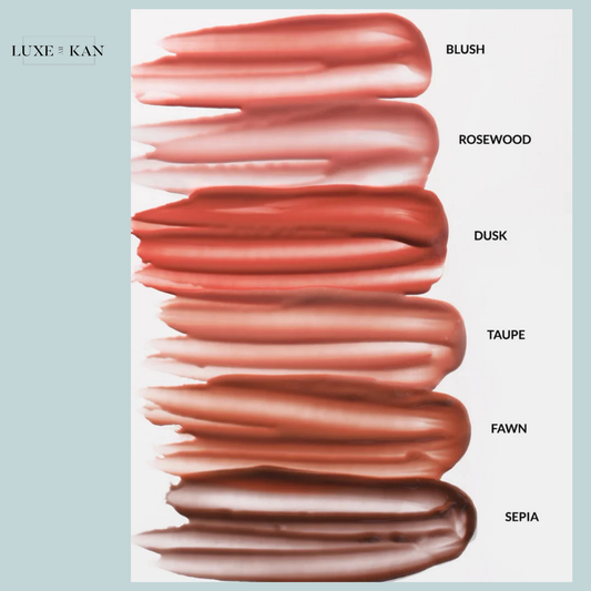 Swatches of Refy tinted lip gloss shades from light to dark: Blush, Rosewood, Dusk, Taupe, Fawn, and Sepia.