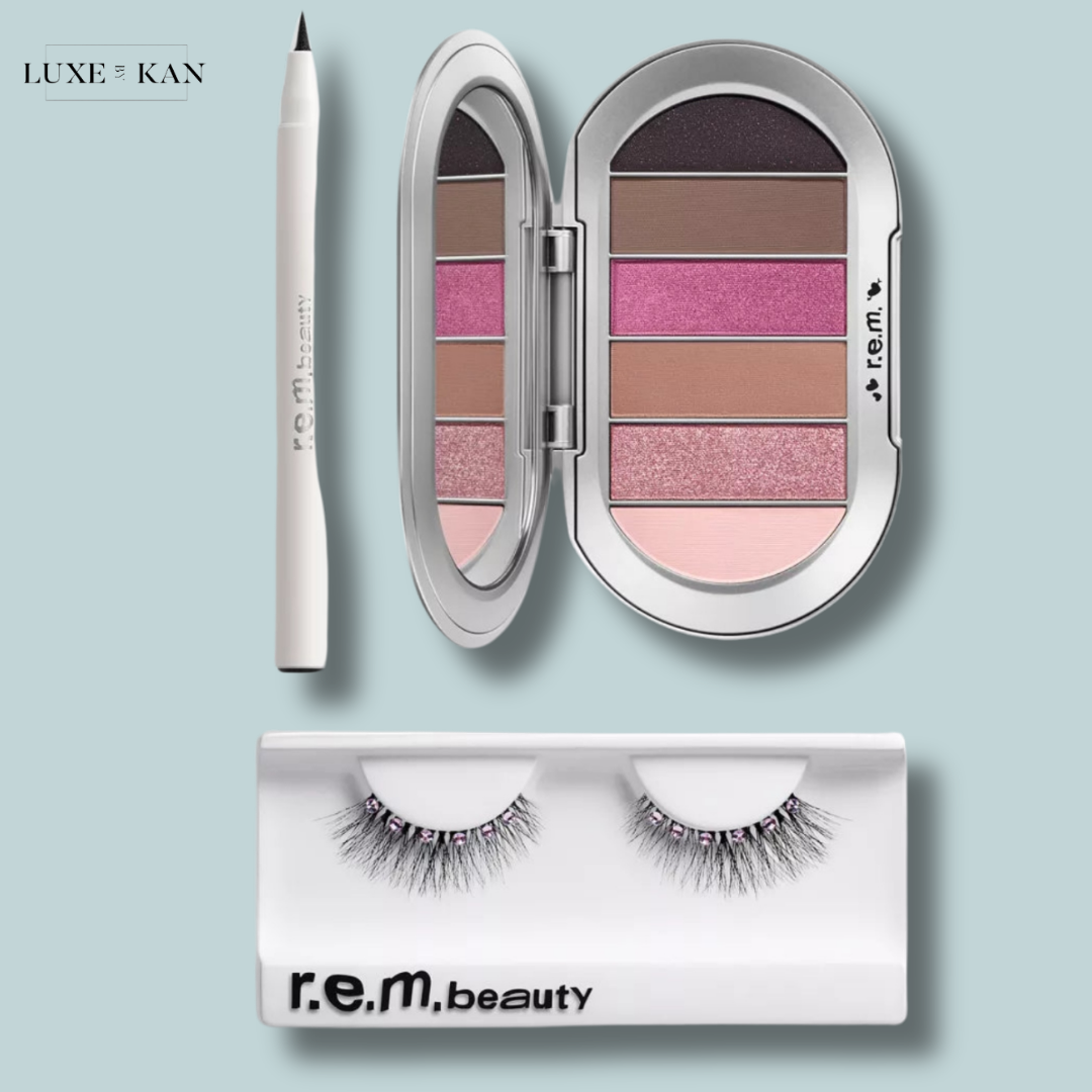 R.e.m. beauty makeup collection featuring an eyeshadow palette, eyeliner, and false lashes.
