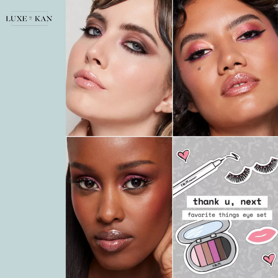 A promotional graphic featuring the "thank u, next" favorite things eye set, with various makeup products like eye shadow and lashes.