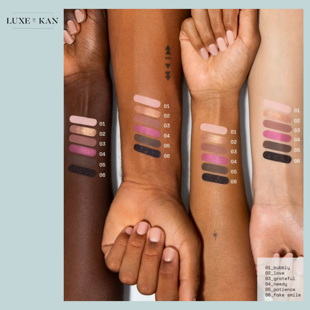 Three diverse arms display colorful makeup swatches labeled from 01 to 06, showcasing a range of vibrant shades and finishes.