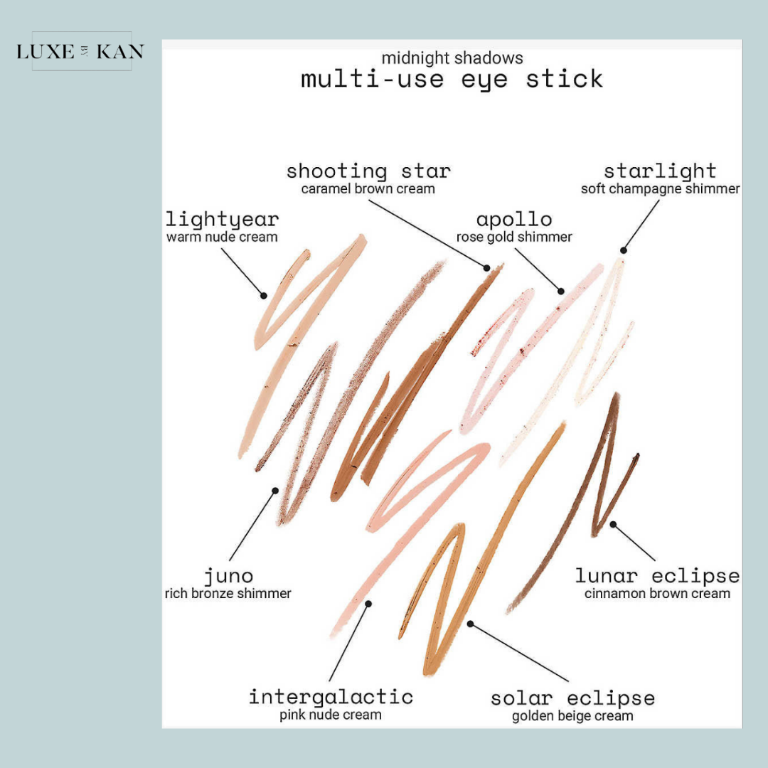 A color chart featuring various shades of a multi-use eye stick with descriptions for each shade.