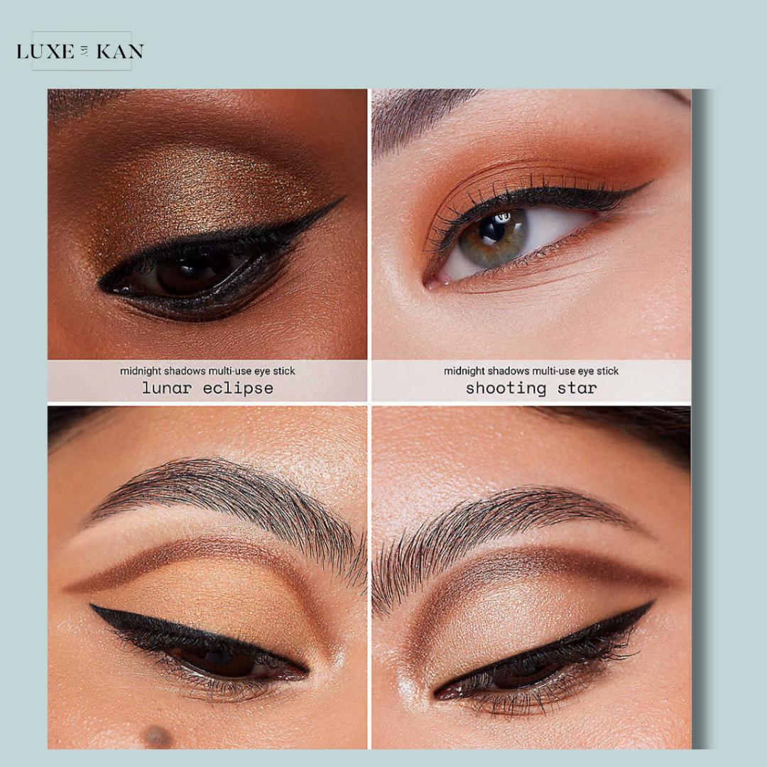A close-up of a glowing skin tone with bronzed highlights, set against a soft blue background, emphasizing beauty and radiance.