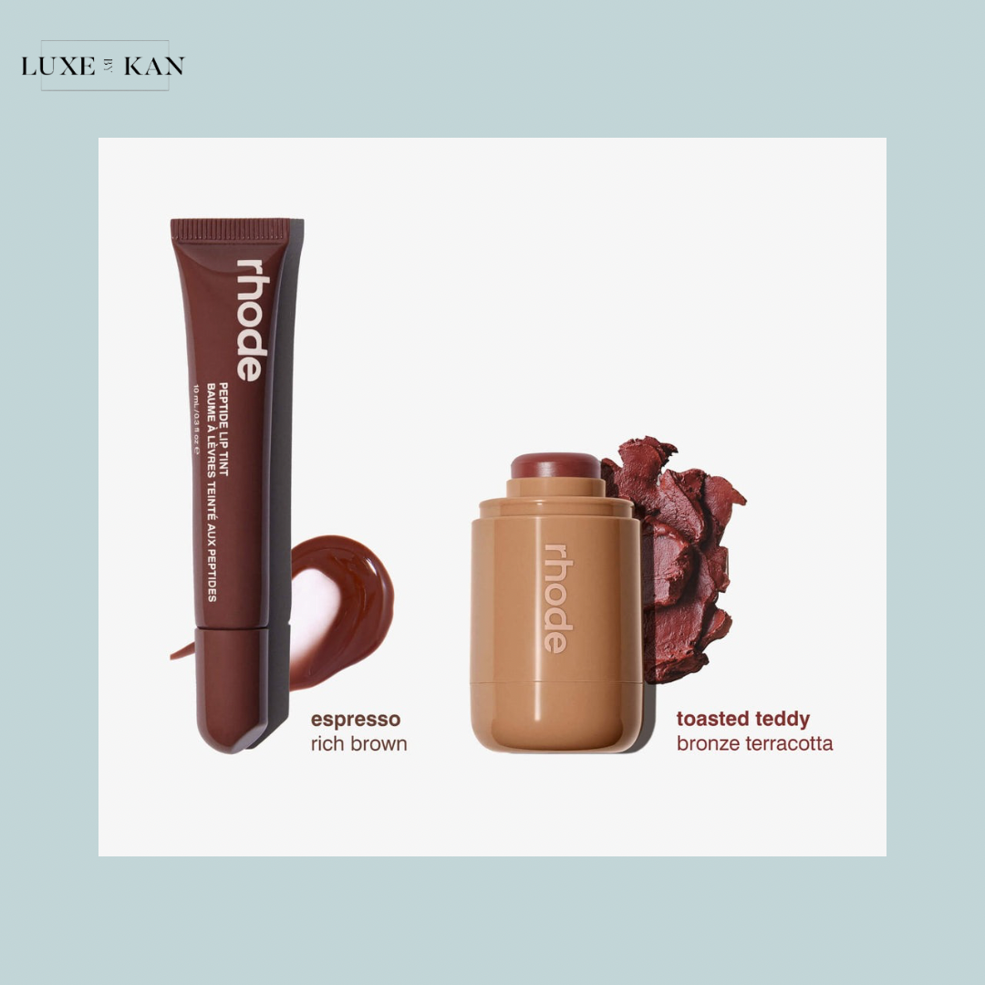 Two rhode cosmetic products displayed: a rich brown lip tint labeled "Espresso" and a bronze terracotta stick called "Toasted Teddy."