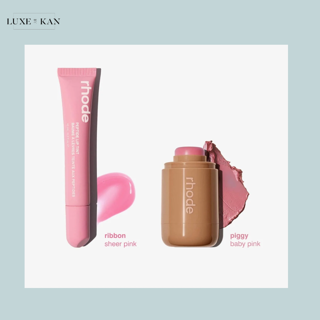Two pink cosmetic products from Rhode: a sheer pink lip tint (Ribbon) and a baby pink stick (Piggy) with swatches beside them.