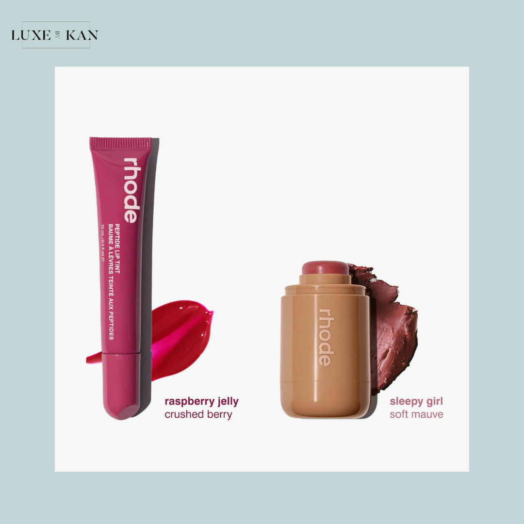 Two rhode lip products: a raspberry jelly tinted lip balm in a tube and a soft mauve stick labeled "sleepy girl," with swatches.