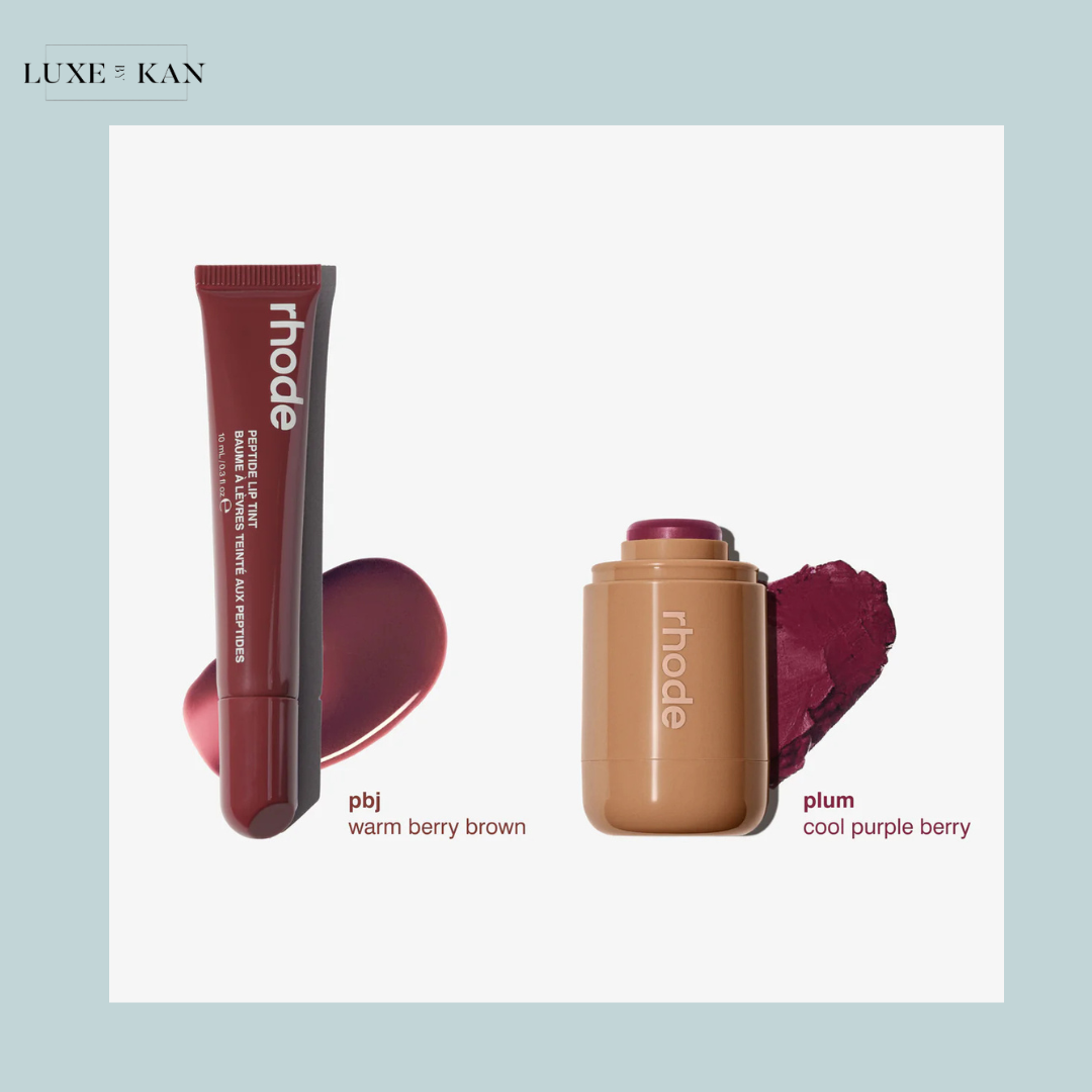Image features two rhode lip products: a tube of PBJ (warm berry brown) and a stick of Plum (cool purple berry) with swatches.