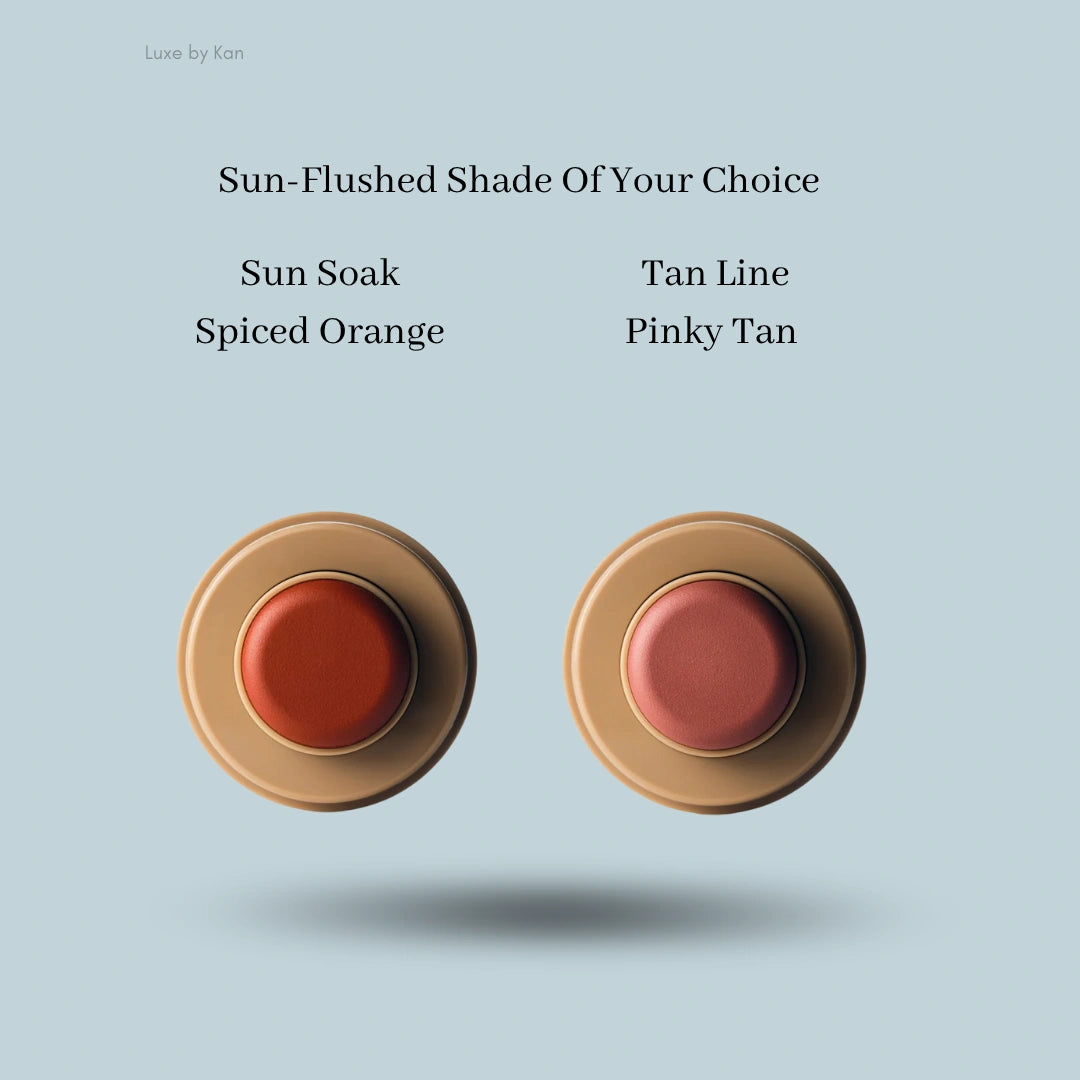 Two cream pot shades: "Spiced Orange" and "Pinky Tan", from the Rhode Summer Kit line, displayed against a cool blue background.