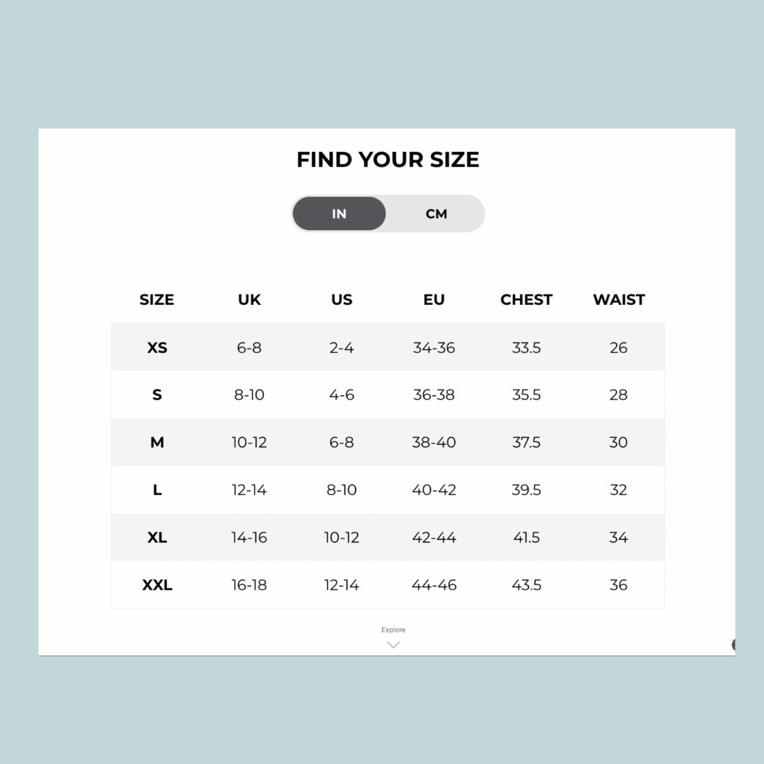 Size chart displaying UK, US, EU sizes with corresponding chest and waist measurements in inches and centimeters.