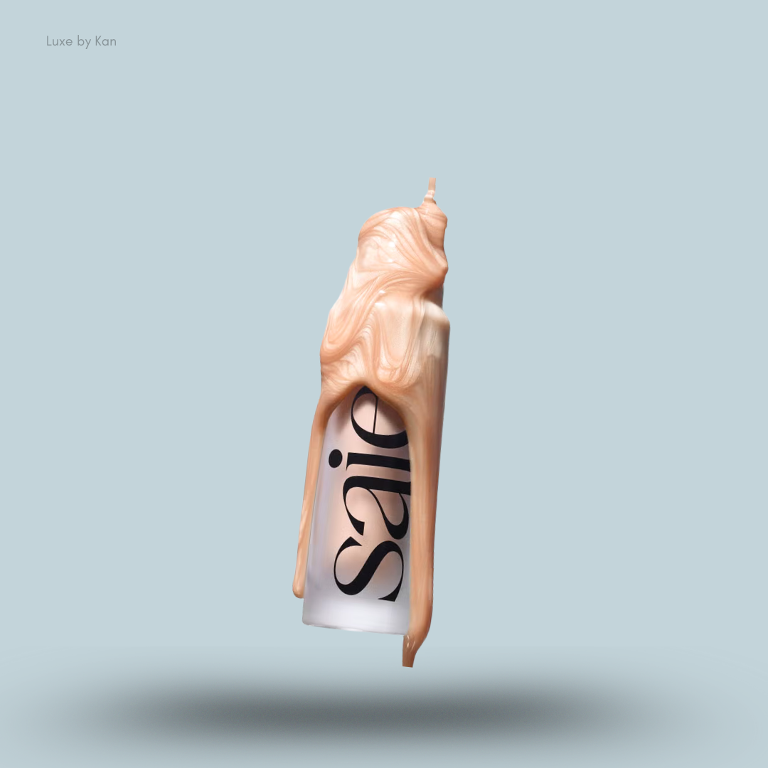 Saie glowy super gel drips down side of product tube with logo in black lettering, on pale background.