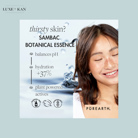 Sambac Botanical Essence, highlighting hydration, pH balance, and plant-powered actives with water droplets in the background.