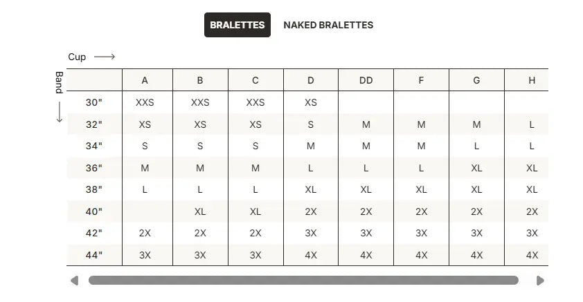 SKIMS Fits Everybody Micro Scoop Bralette size guide chart with measurements