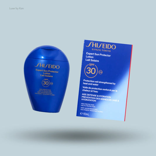 Shiseido Expert Sun Protector Lotion with SPF 30, high protection, water-resistant, 150ml bottle and packaging.