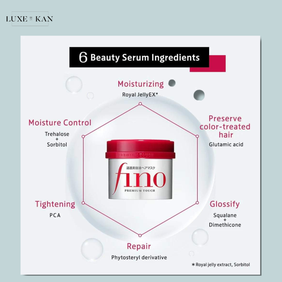 Fino Premium Touch Hair Mask features key ingredients like Trehalose, Sorbitol, Royal Jelly EX, Glutamic Acid, Squalane, Dimethicone, PCA, and Phytosteryl Derivative to provide deep moisturization, preserve color-treated hair, enhance gloss, repair damage, and improve hair texture.