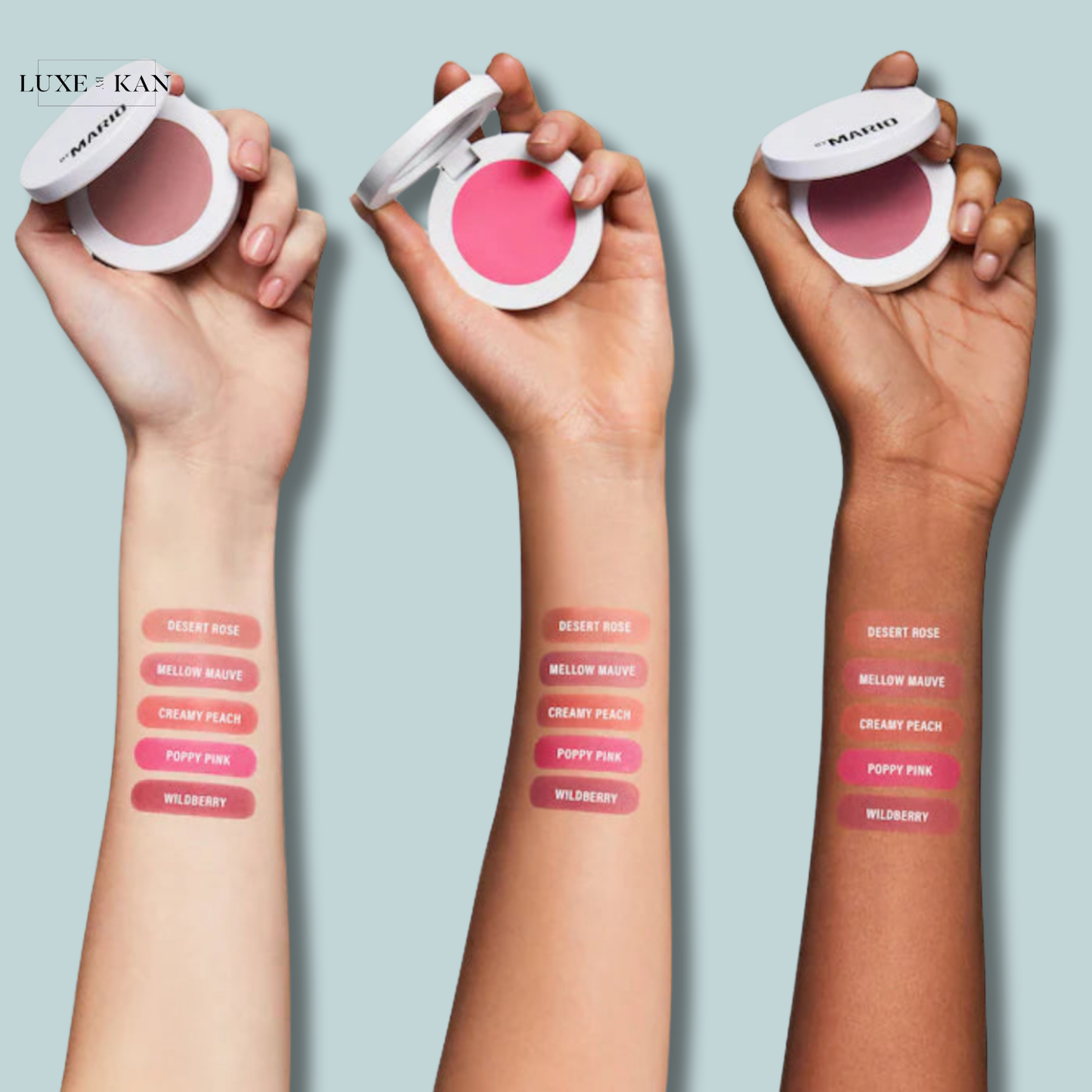 Three arms showcase different blush shades in open compacts: one light pink, one mauve, and one vibrant pink, with color names displayed.