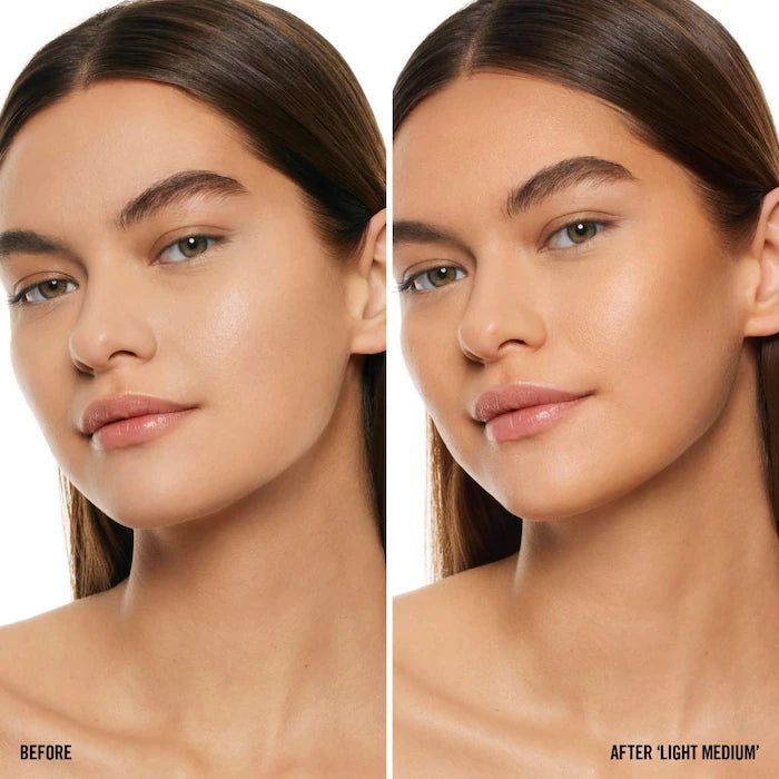 Before and after comparison showcasing a softsculpt bronzing & shaping serum product's effects, highlighting improved skin tone and texture on the neck area.