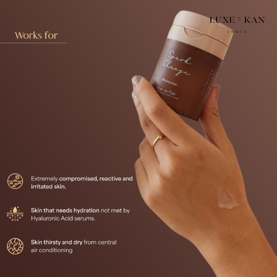A hand holding a moisturizer jar, with text highlighting benefits for compromised and dehydrated skin types.