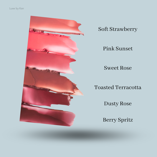 Swatches of Summer Fridays Blush Butter Balm in Soft Strawberry, Pink Sunset, Sweet Rose, Toasted Terracotta, Dusty Rose, and Berry Spritz.