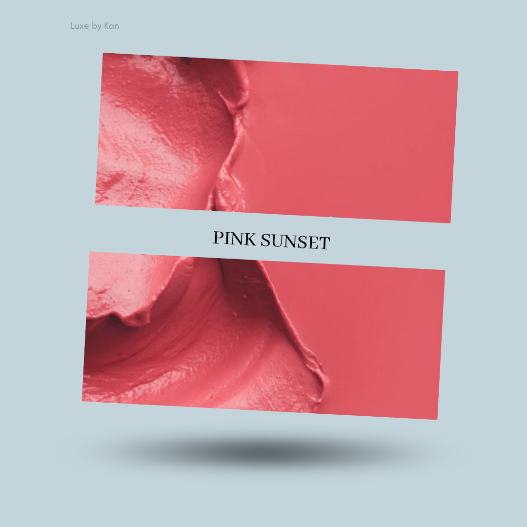 Close-up of Summer Fridays Blush Butter Balm in the color, Pink Sunset, on two angled rectangular surfaces showing smooth application, over a light blue background.
