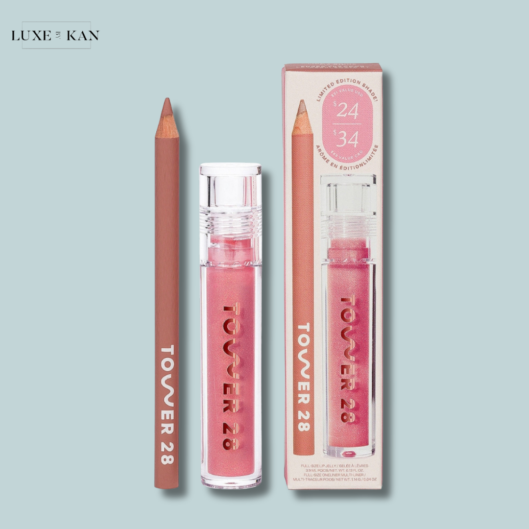A Tower 28 limited-edition Line + Shine Lip Kit featuring a mauve lip pencil and a pink lip gloss in sleek packaging.
