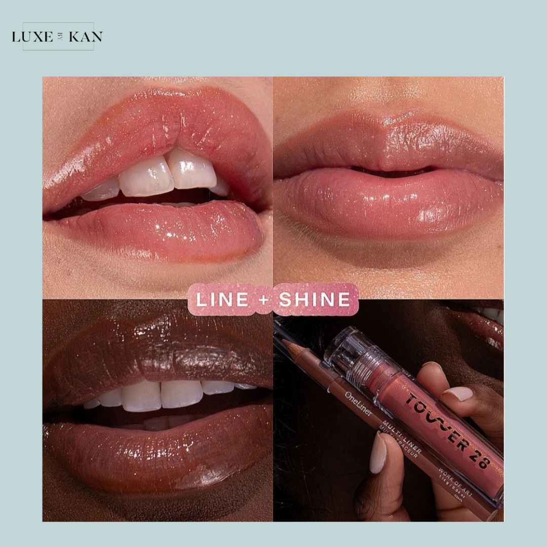 Four close-up shots of lips in various shades, showcasing glossy textures and the Luxe + Kan Line + Shine product.