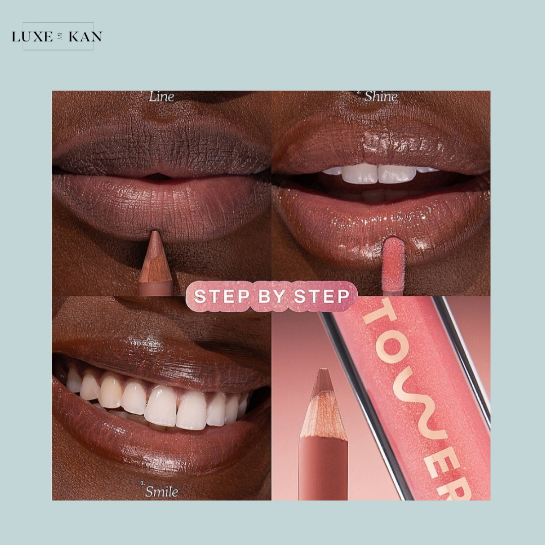 Step-by-step guide showcasing three lip application techniques: lining, adding shine, and smiling, with cosmetics displayed prominently.