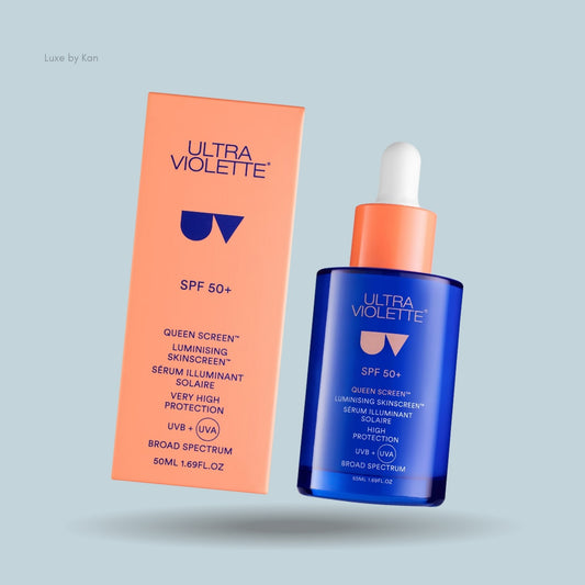 Ultraviolette Queen Screen SPF 50+ Luminising Skinscreen Serum with dropper bottle and box, highlighting broad-spectrum protection.