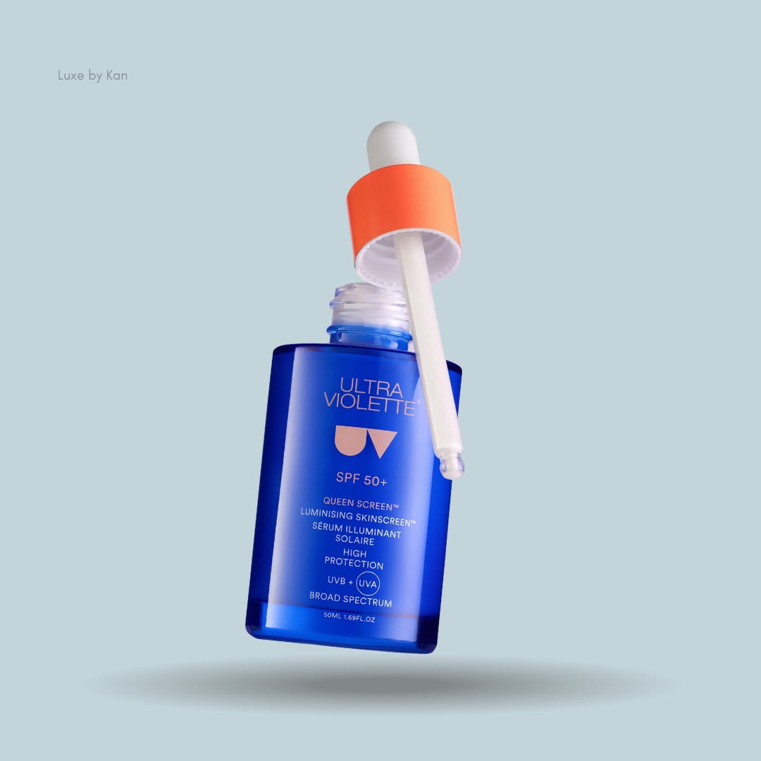 Ultraviolette Queen Screen SPF 50+ Luminising Skinscreen serum in a blue bottle with a white dropper.