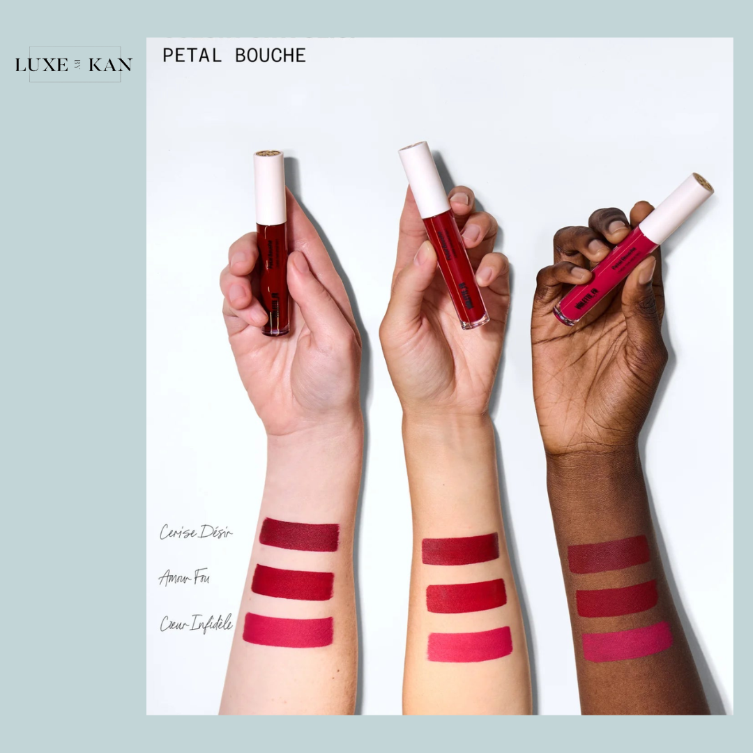 VIOLETTE FR Petal Bouche lip products and swatches in various shades of red, highlighting diversity in skin tones.