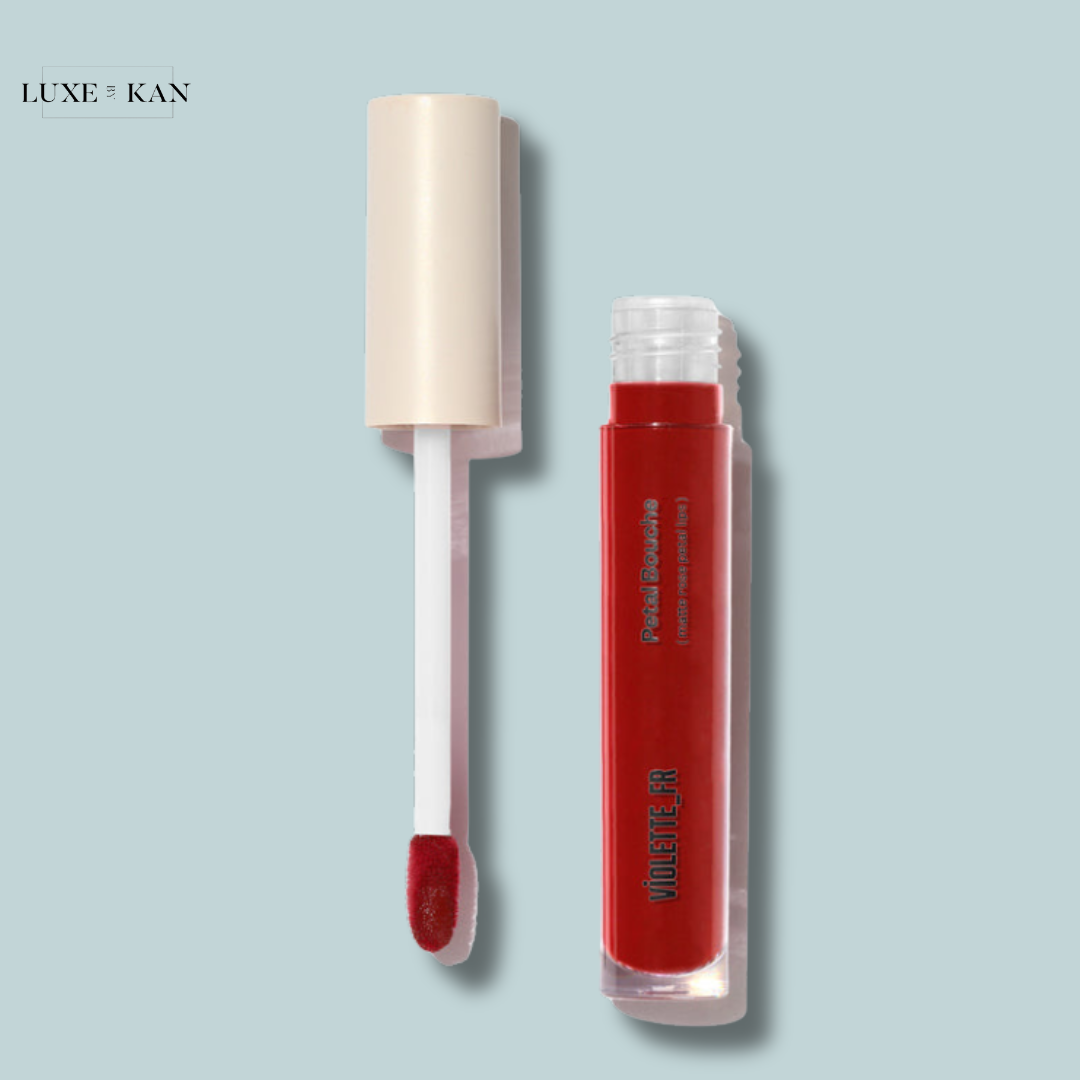 VIOLETTE FR Petal Bouche Matte No Transfer red lip gloss tube with a doe-foot applicator.