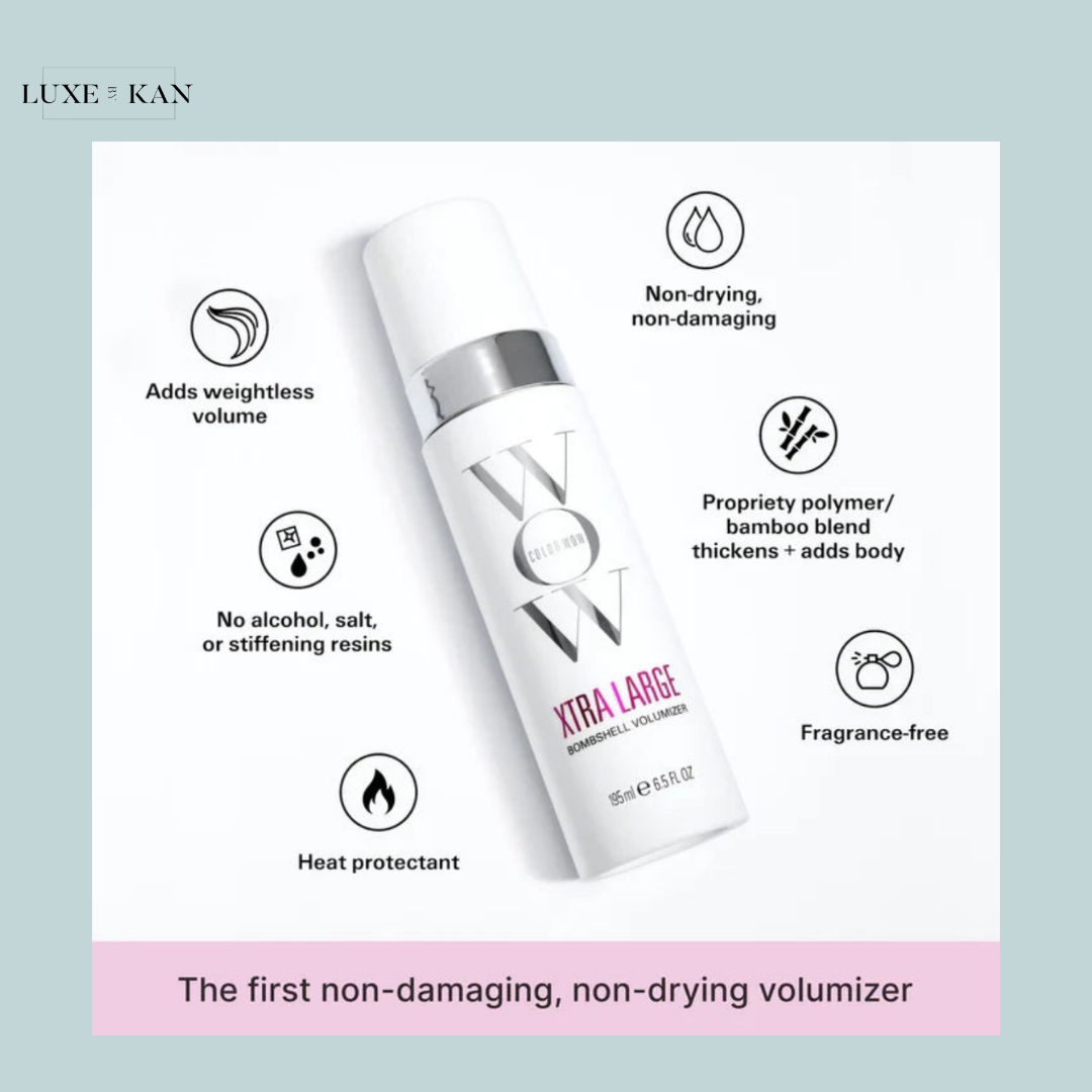 White bottle of "WOW XTRA LARGE" volumizer with benefits highlighted: adds volume, heat protectant, alcohol-free, and fragrance-free.