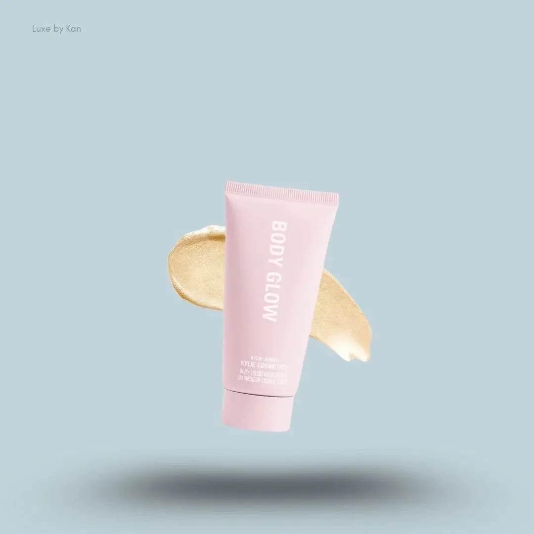 Kylie Cosmetics Body Glow Liquid Highlighter 50ml tube and swatch on blue background — LBK India