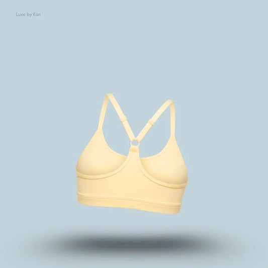 Gymshark Ruched Sports Bra 2.0 Butter Yellow medium support ruched v-neck racerback women's sports bra back view India