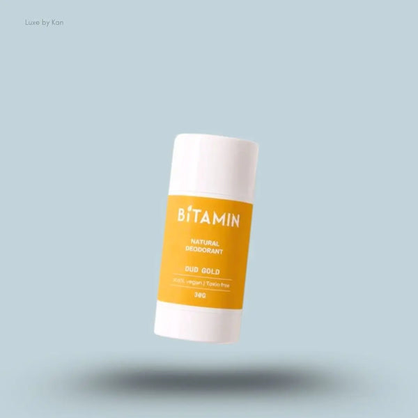 Bitamin Oud Gold Natural Deodorant 30g roll-on on blue background — Luxe by Kan India