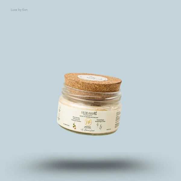 Herbaria Modern Botanicals Sweet Peach Shower Butter 120g box on blue background — Luxe by Kan India