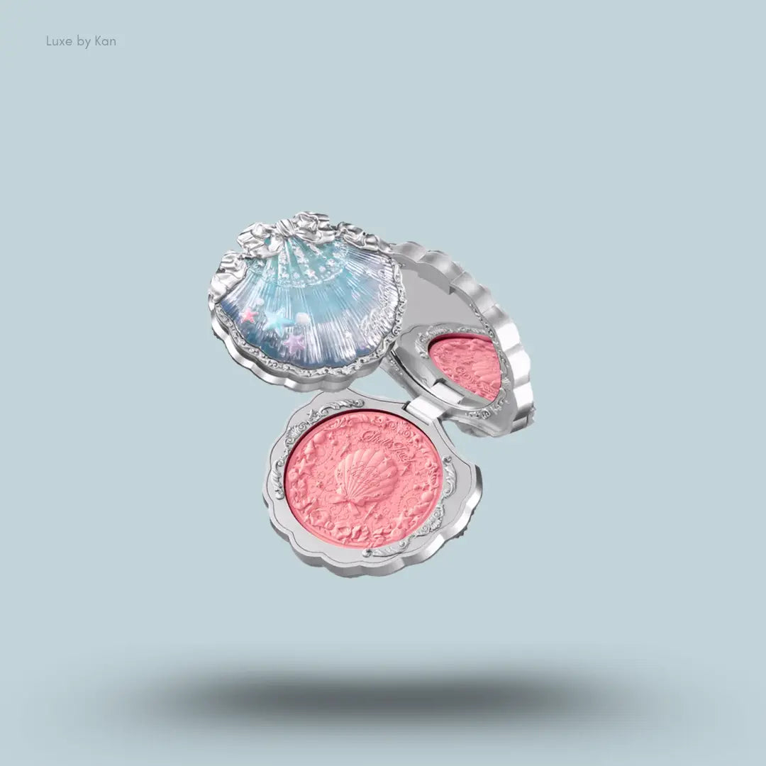 Flower Knows Shell's Jewel Silk Satin Blush in 03 Coral Seashell, peach glow in seashell compact