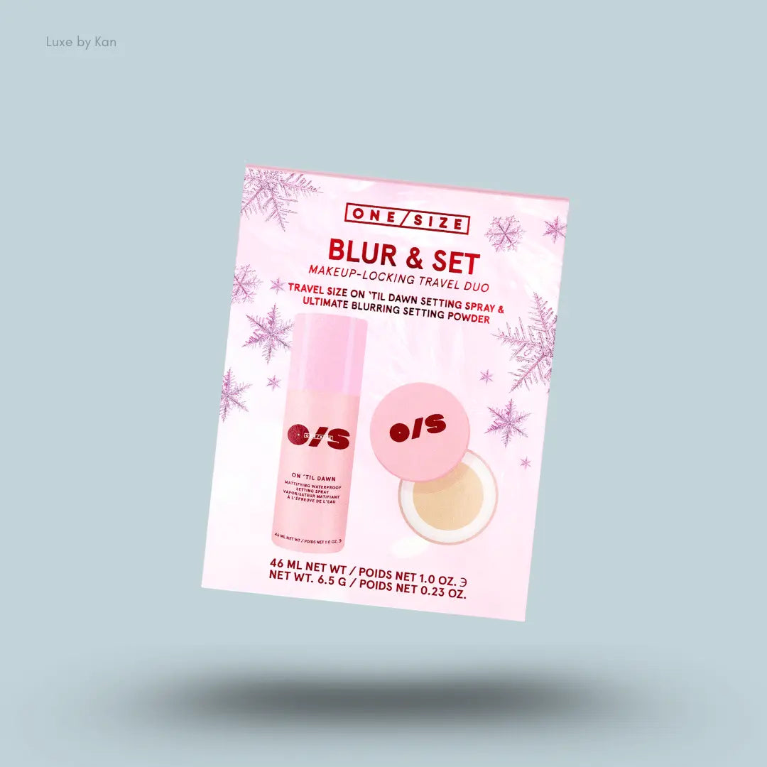 ONE/SIZE On 'Til Dawn Setting Powder Holiday Kit pink Blur & Set travel pack on blue background