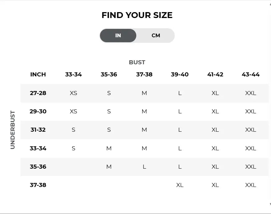 Gymshark Minimal Sports Bra 2.0 size guide chart with measurements