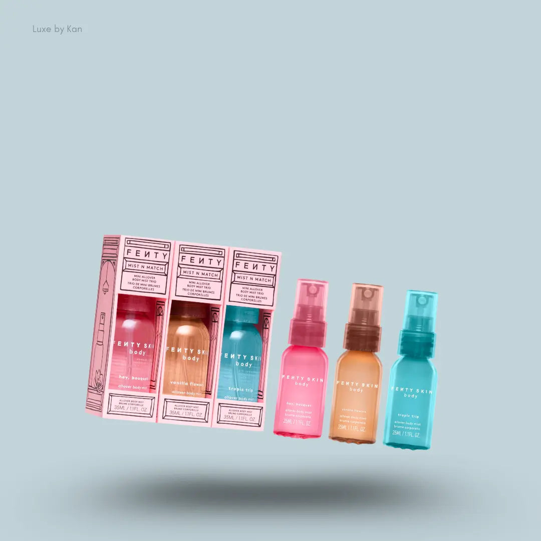 Fenty Skin Mist ‘n Match Mini Allover Body Mist Trio three bottles with packaging on blue background