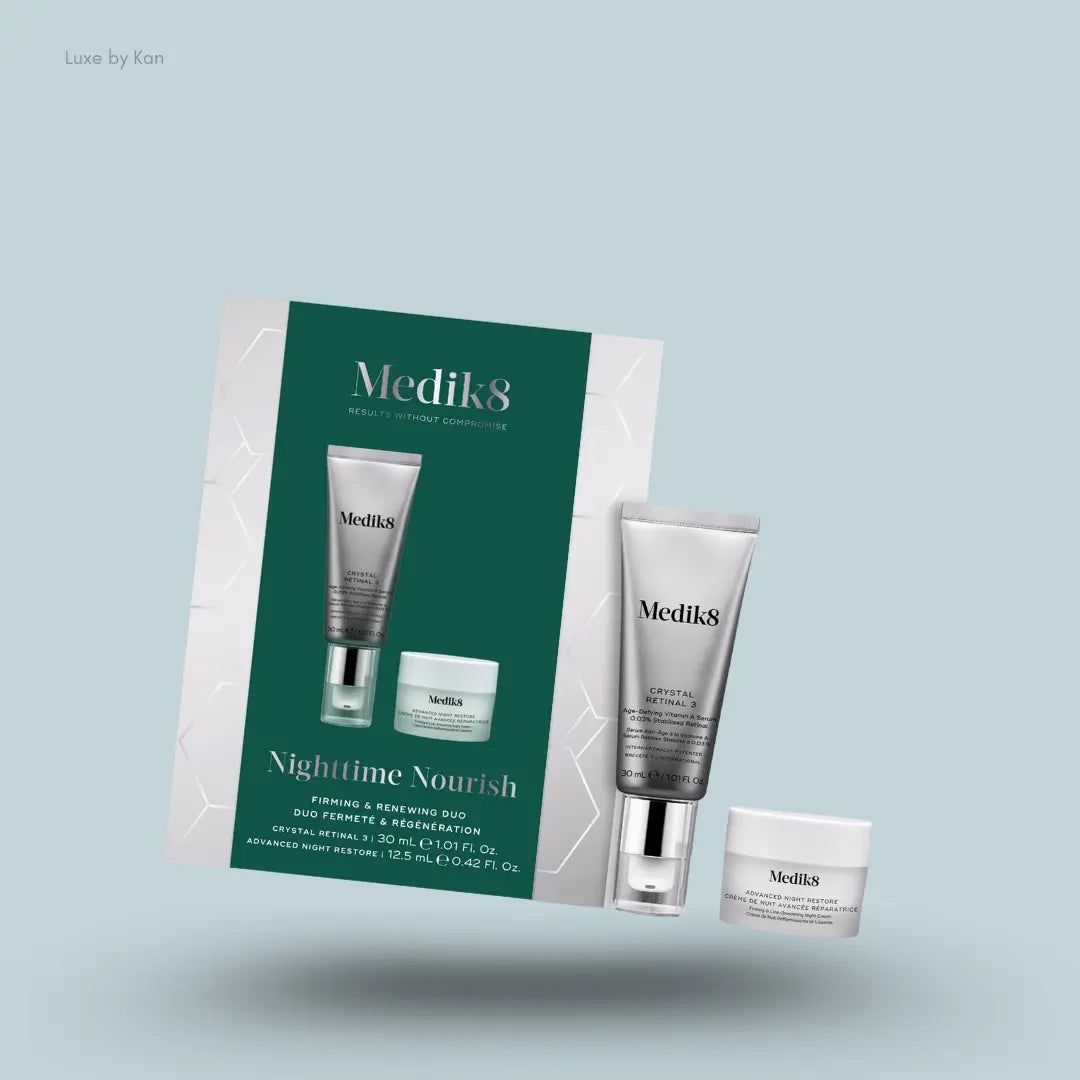 Medik8 Nighttime Nourish Kit with Crystal Retinal 3 serum and Advanced Night Restore cream and box