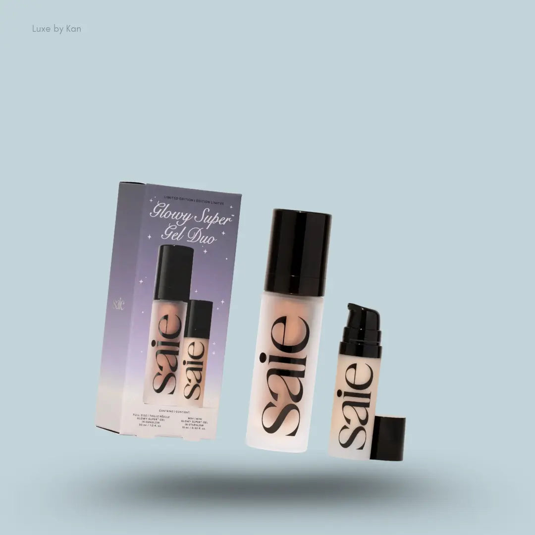Saie Glowy Super Gel Duo with Sunglow and Starglow liquid highlighter bottles and box