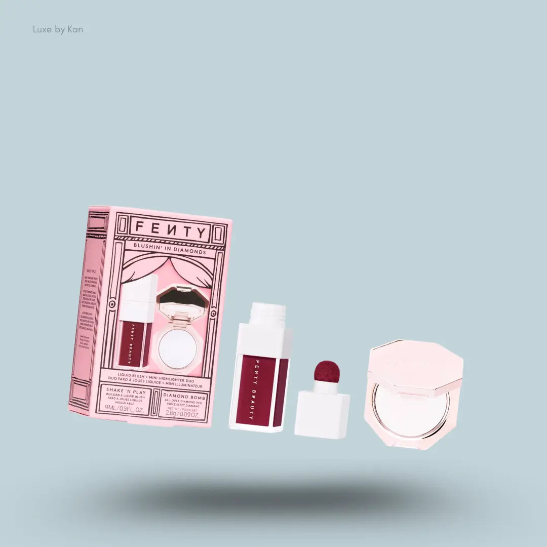 Fenty Beauty Blushin’ Diamonds 2-Piece Face Set blush and highlighter with packaging on blue background