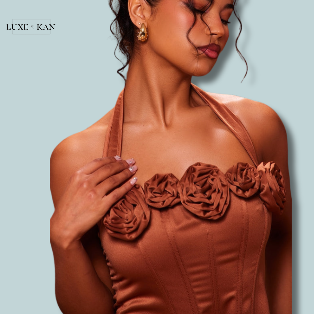 PRETTYLITTLETHING Bronze Satin Rose Applique Trim Halterneck Corset