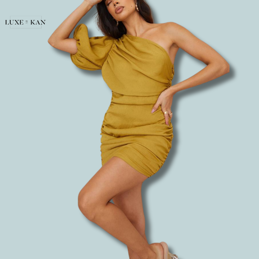 PRETTYLITTLETHING Olive Chiffon One Shoulder Puff Sleeve Bodycon Dress