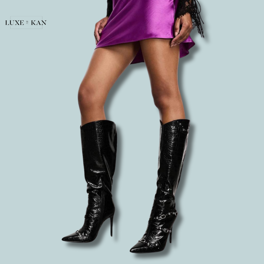 Public Desire Worthy buckle detail heeled boots in black croc
