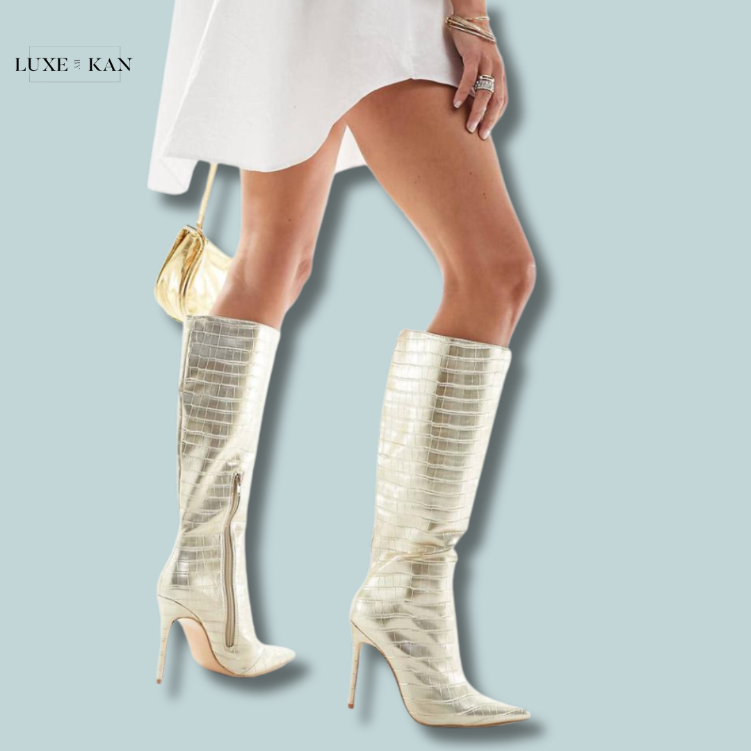 Public Desire Horizon heeled knee boot in gold croc