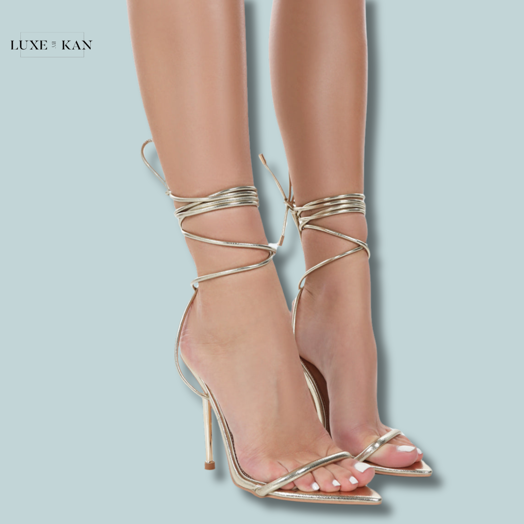 PUBLIC DESIRE LOOK BACK GOLD METALLIC PU POINTED TOE LACE UP STILETTO HEELS