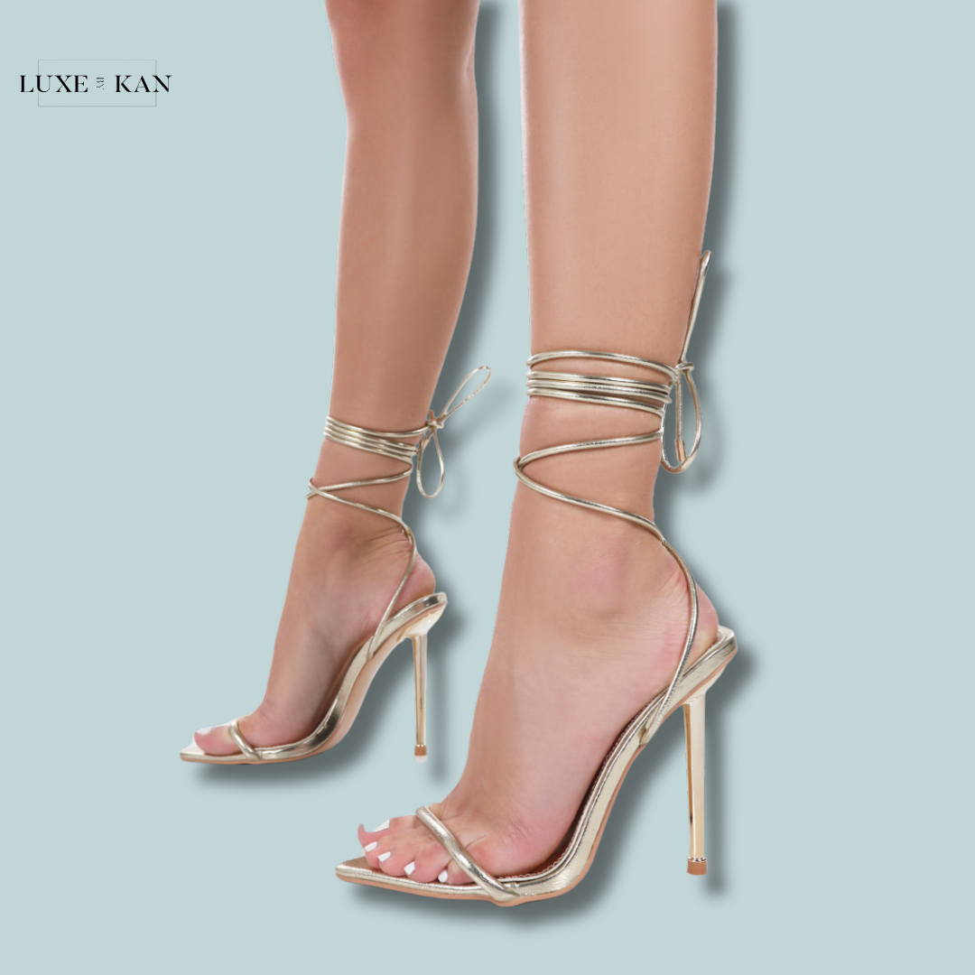 PUBLIC DESIRE LOOK BACK GOLD METALLIC PU POINTED TOE LACE UP STILETTO HEELS